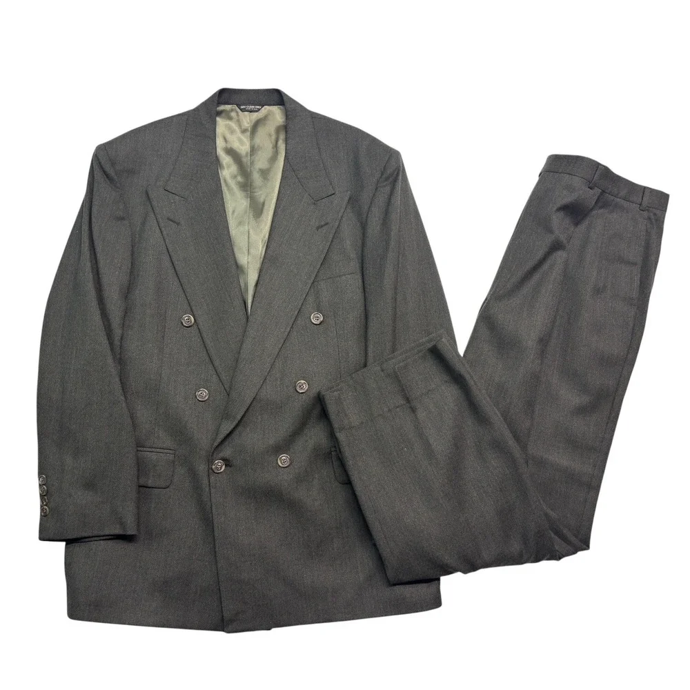 vtg 90s Bill Blass 44L 38x30 Olive Green Orange Stripe Double Breasted Suit USA